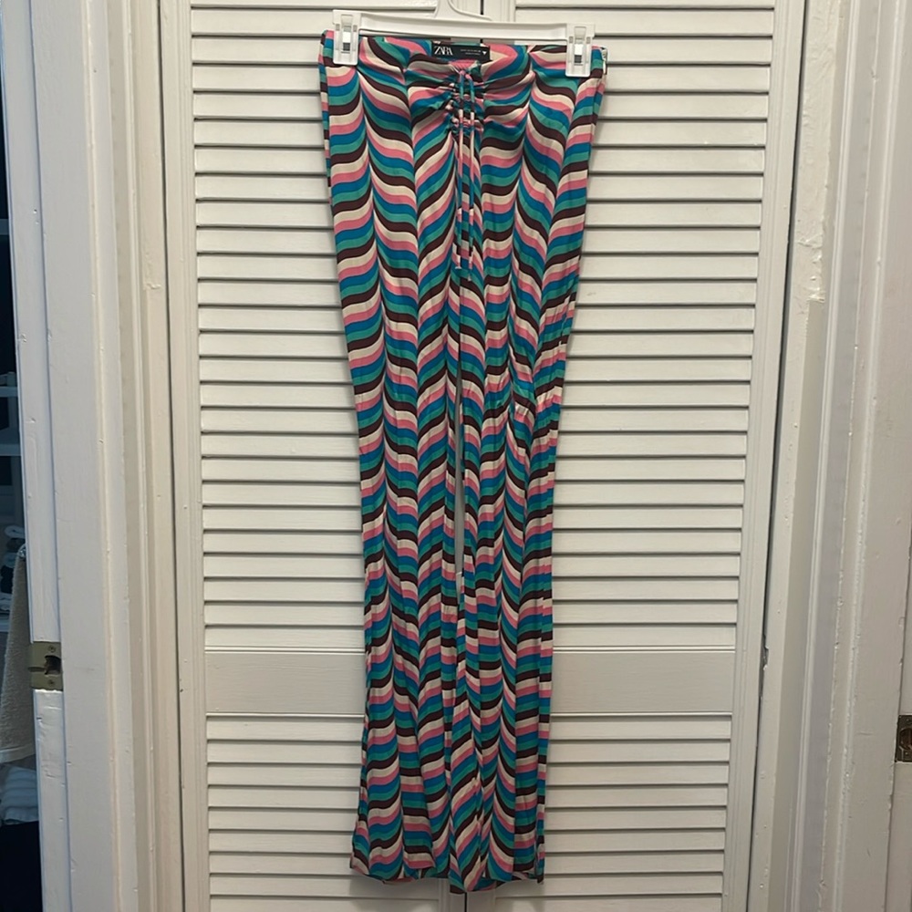 zara silk pants, cinch at the waist and flare at the bottom